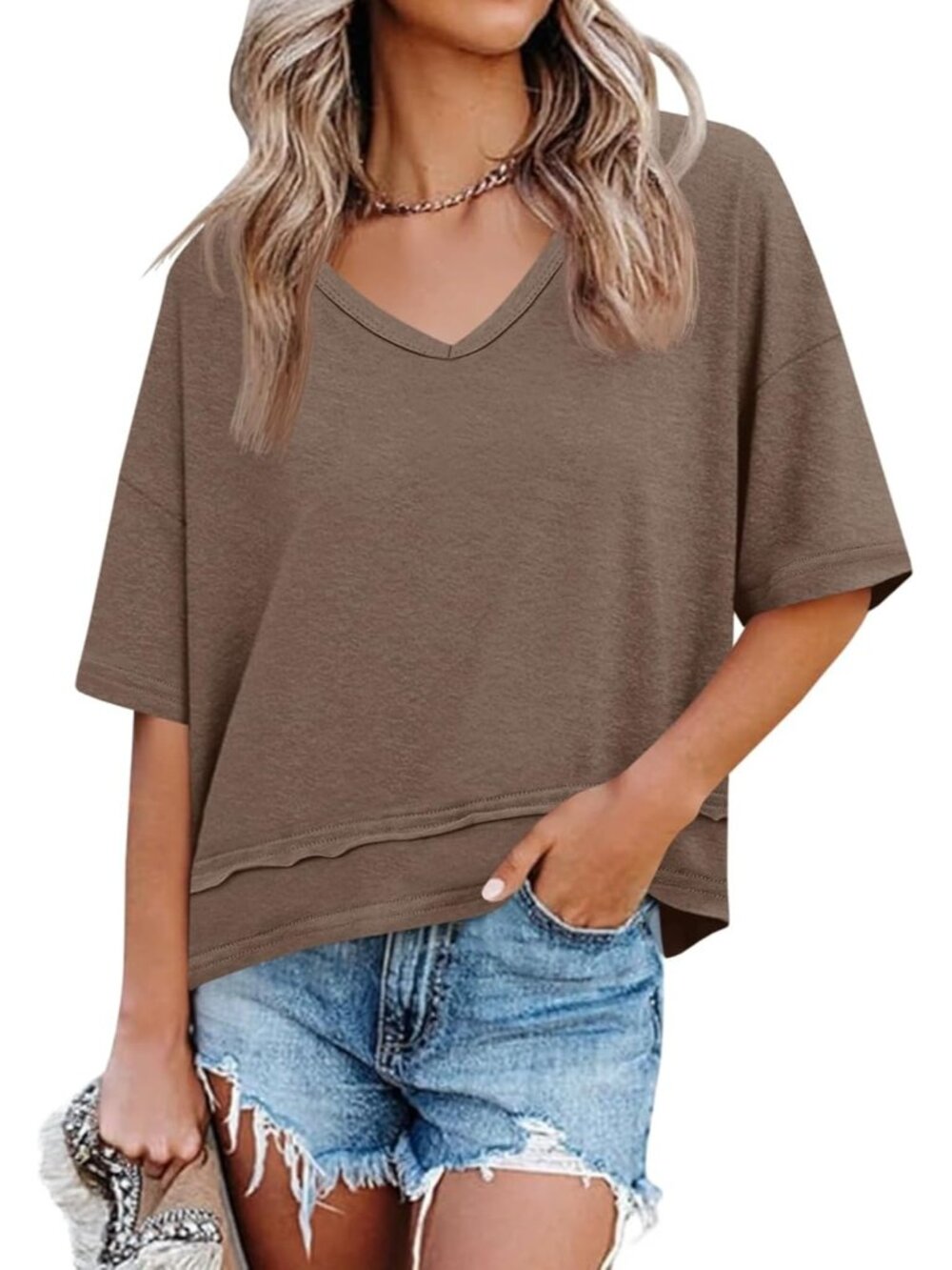 Women's Brown Summer V Neck T Shirts Casual Short Sleeve Tops Cute Loose